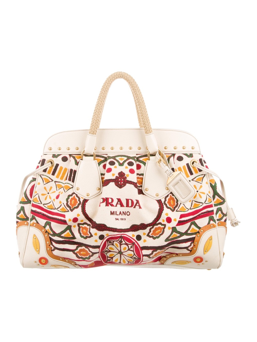 Prada Milano White Multicolor Embroidered Tote Bag frame bag